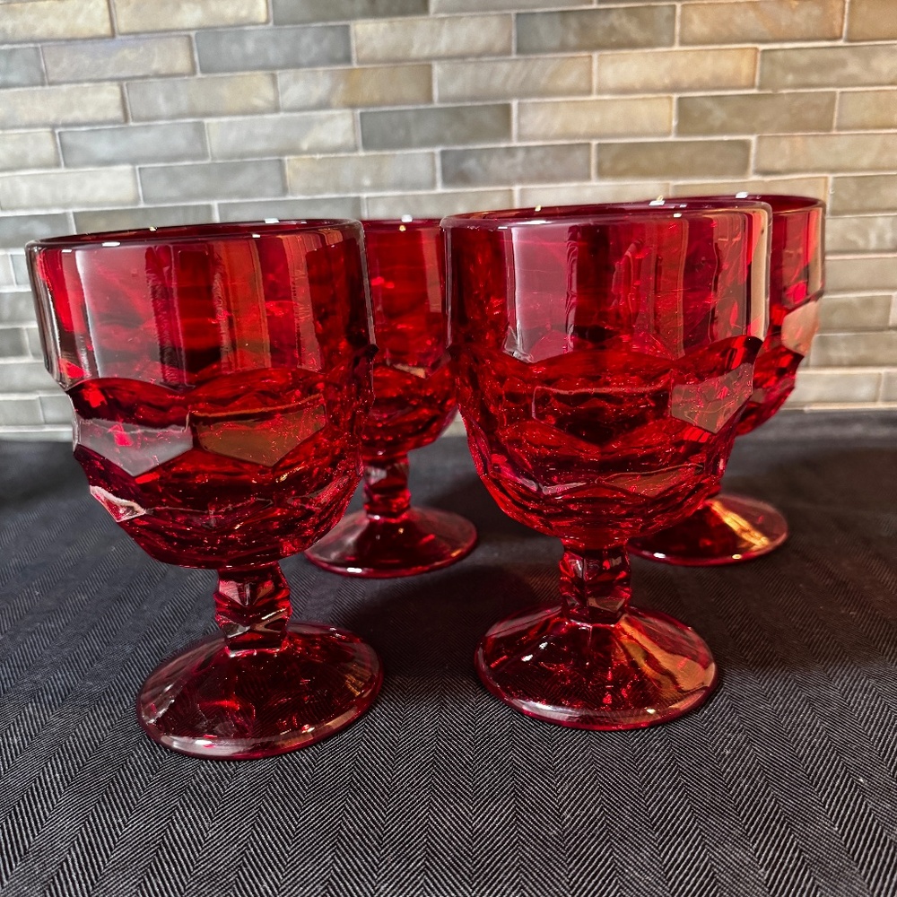 Viking Glass Georgian Ruby Red Honeycomb 11 oz. Goblets, 5.75”, set of 4
